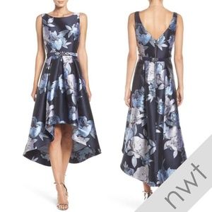 Eliza J blue floral high low belted gown, Size 10